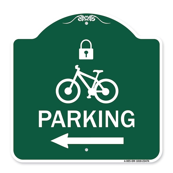 Parking W/ Lock Cycle & Left Arrow, Green & White Aluminum Sign, 18" x 18", GW-1818-23474